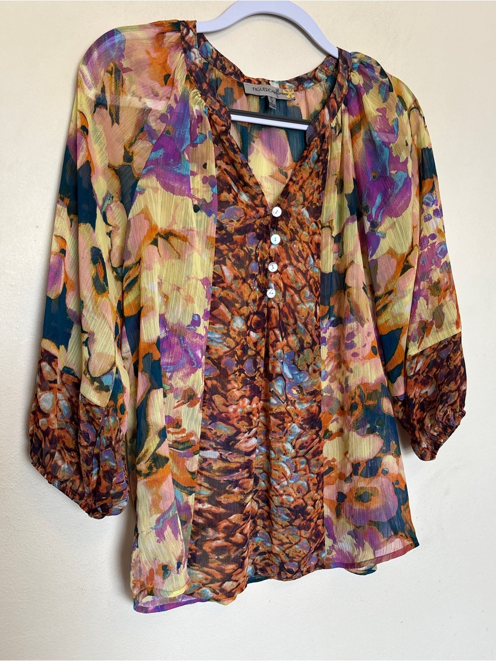 Figueroa & Flower Boho Mixed Abstract Print Loose Top Sz S Chiffon Sheer Peasant